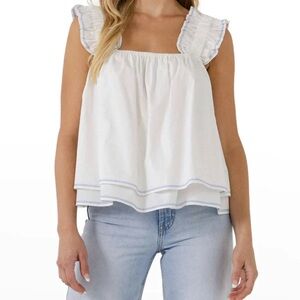 Contrast Embroidered Ruffle Tiered Top white coquette summer blouse spring top